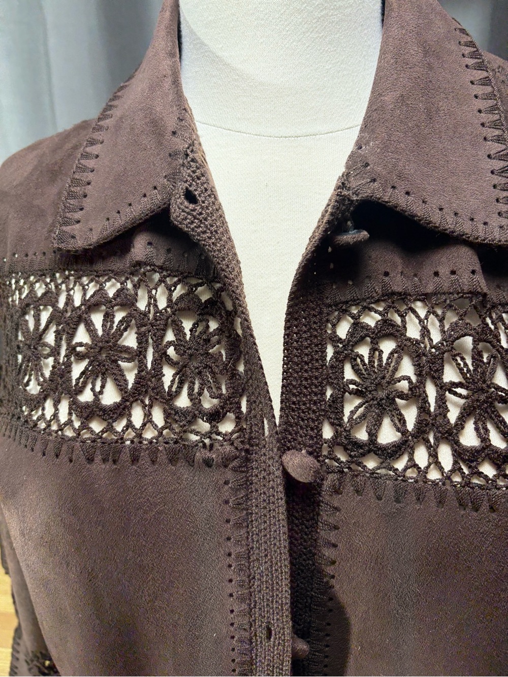 Vintage Ralph Lauren Brown Faux Suede Jacket with Crochet Trim - Picture 2 of 7